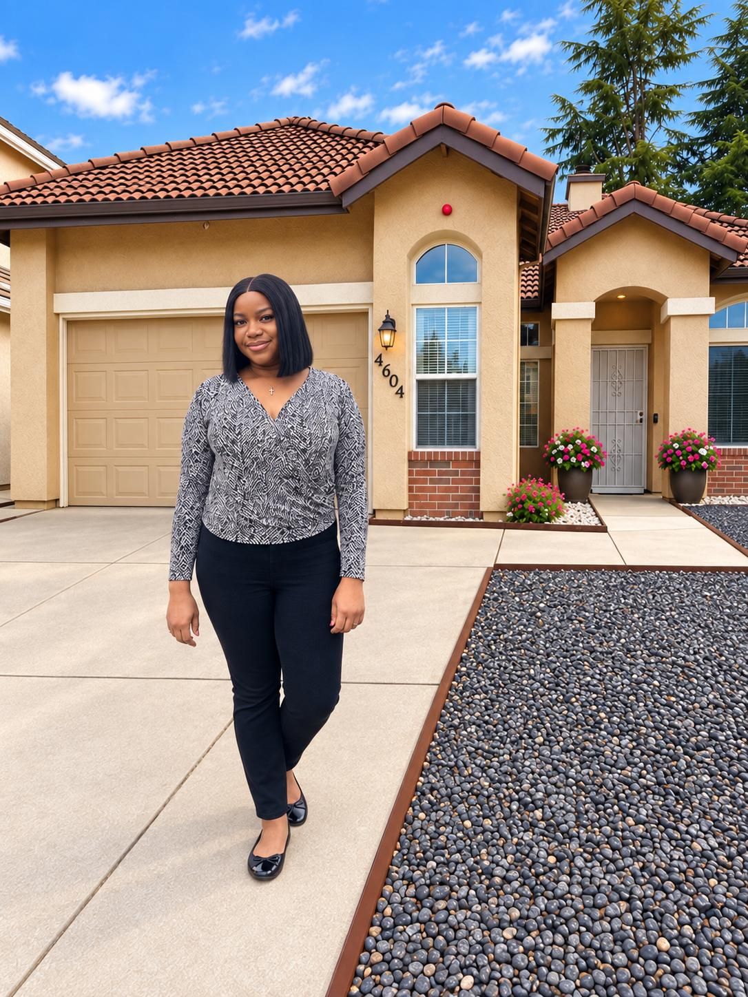 Gladys Fredrick Amadi, Administrator of Kelechi Care Home, standing outside the home.